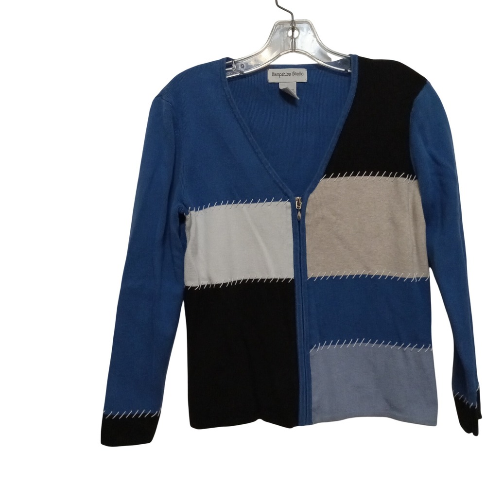 Vintage Hampshire Studio Womens Petite Small Blue Colorblock Zip Cardigan Cotton